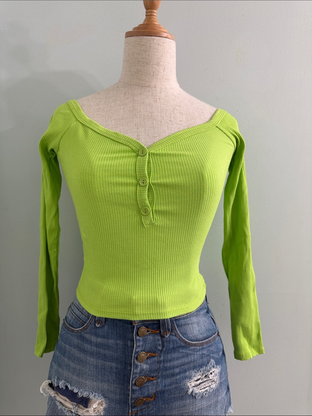 Y2K Neon Green Ribbed Off Shoulder Top S